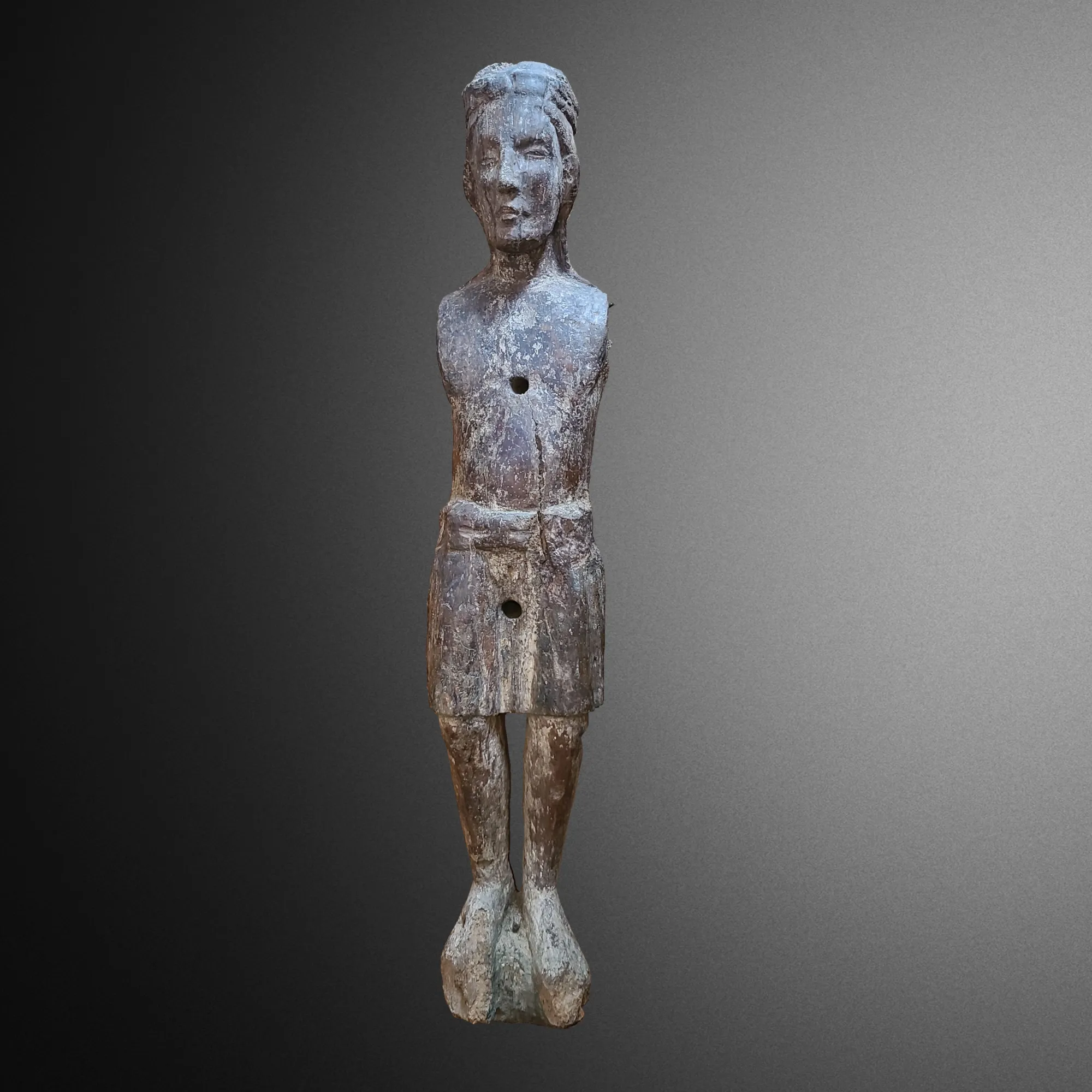 Romanischer Christus aus polychromem Holz Burgund 12 Jahrhundert. Hauptansicht der Skulptur