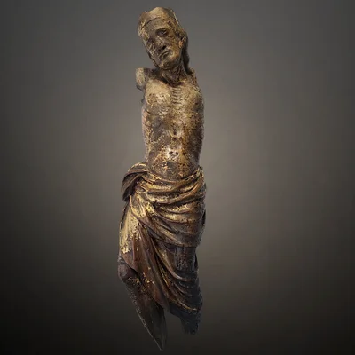 Gekrönter Christus am Kreuz, Burgund Letztes Drittel des 13. Jahrhunderts Hauptansicht der Skulptur