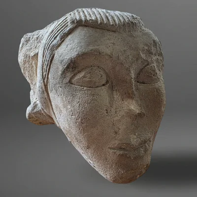 Romanische Maske - Konsolengesims-Element. Oise-Tal. Hauptansicht der Skulptur