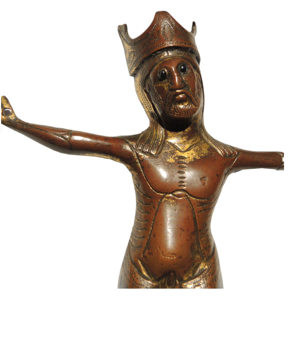 Large Gothic Christ of Limoges workshops. Champleve enamelled and gilded figure. View number 1